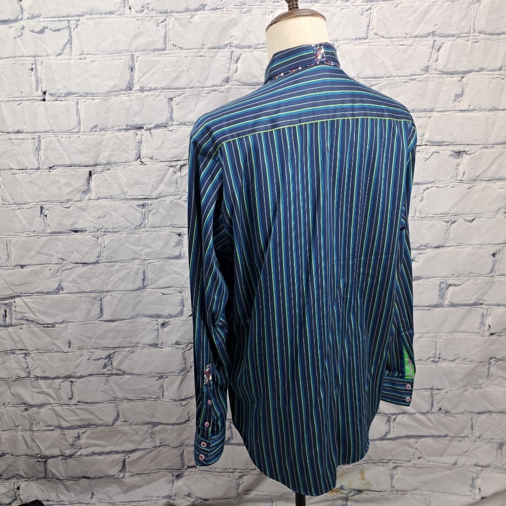 Robert Graham Mens Button Down Shirt Green Blue Striped Flip Cuff Classic Fit XL - Picture 5 of 16